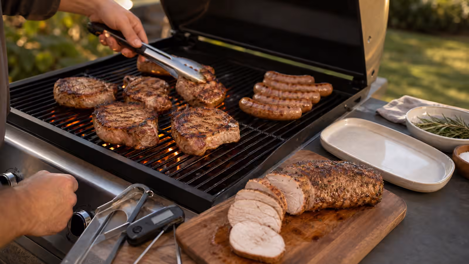 Pork chops, tenderloin, and sausages cooking on a backyard grill with tongs, thermometer, herbs, and a clean serving platter.