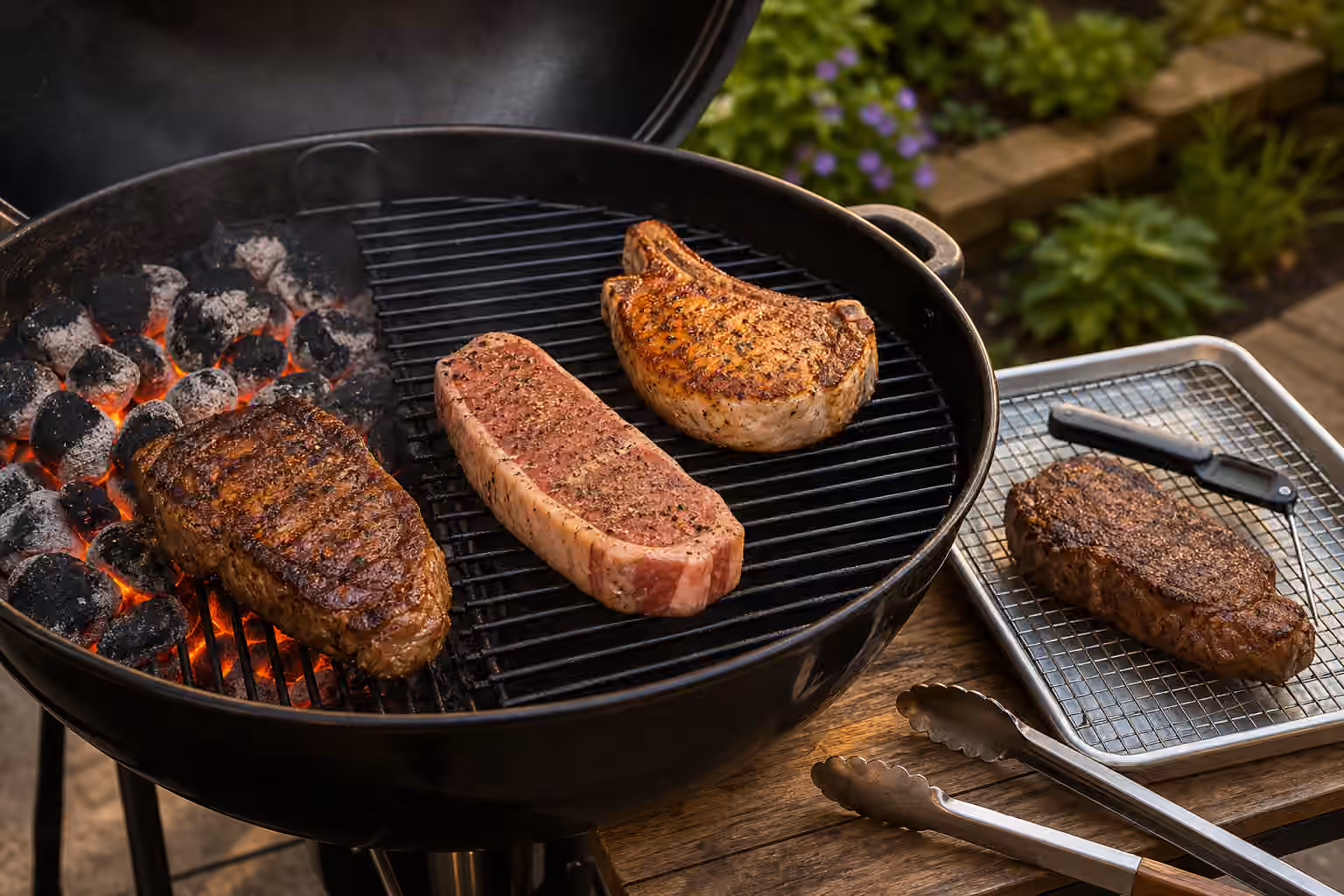 A thick steak and pork chop reverse searing on a charcoal grill with coals on one side, a thermometer, tongs, and a resting rack.