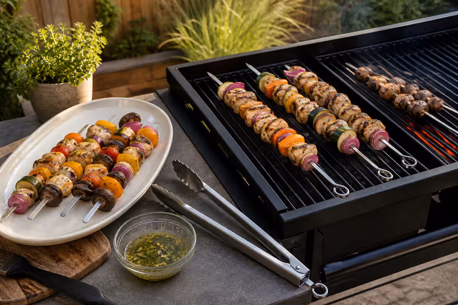 Skewers of chicken, vegetables, mushrooms, and onions cooking over a clean two-zone grill with tongs and herb oil nearby.