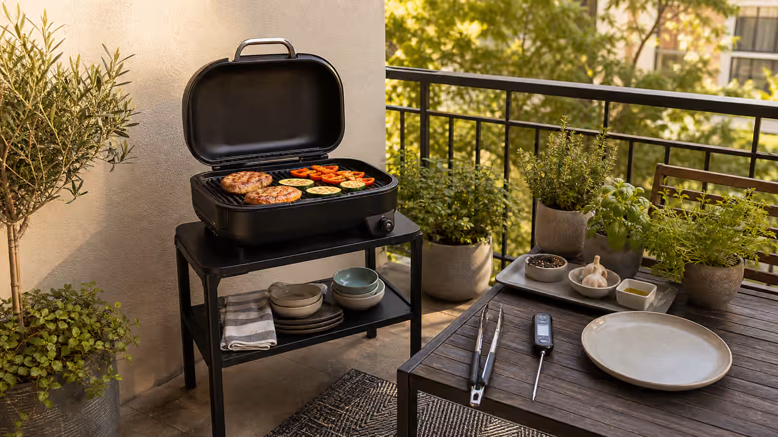 A compact patio grill setup with a small covered grill, heat-safe stand, prep tray, thermometer, tongs, herbs, and a clean serving plate.