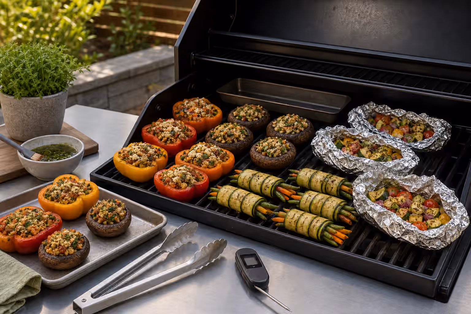 Stuffed peppers, stuffed mushrooms, foil vegetable packets, and wrapped vegetables cooking on a clean grill.