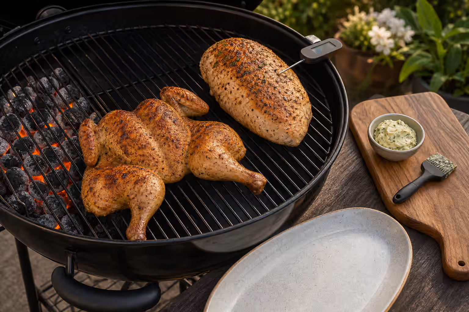 A spatchcocked chicken and turkey breast cooking over indirect heat with a thermometer, herb butter, carving board, and clean platter.