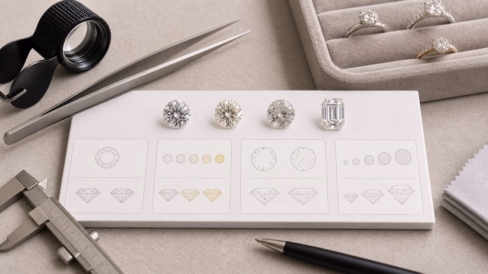 Jeweler's grading table with diamonds, loupe, tweezers, calipers, ring tray, and comparison cards.