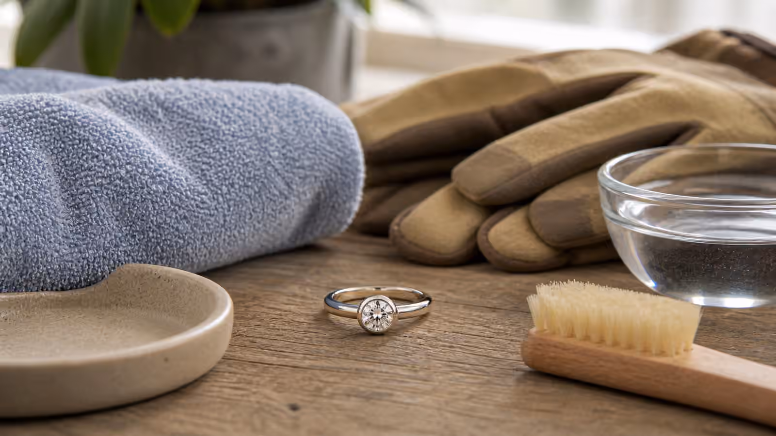 Low-profile engagement ring beside a towel, gloves, ring dish, cleaning brush, and bowl of water.