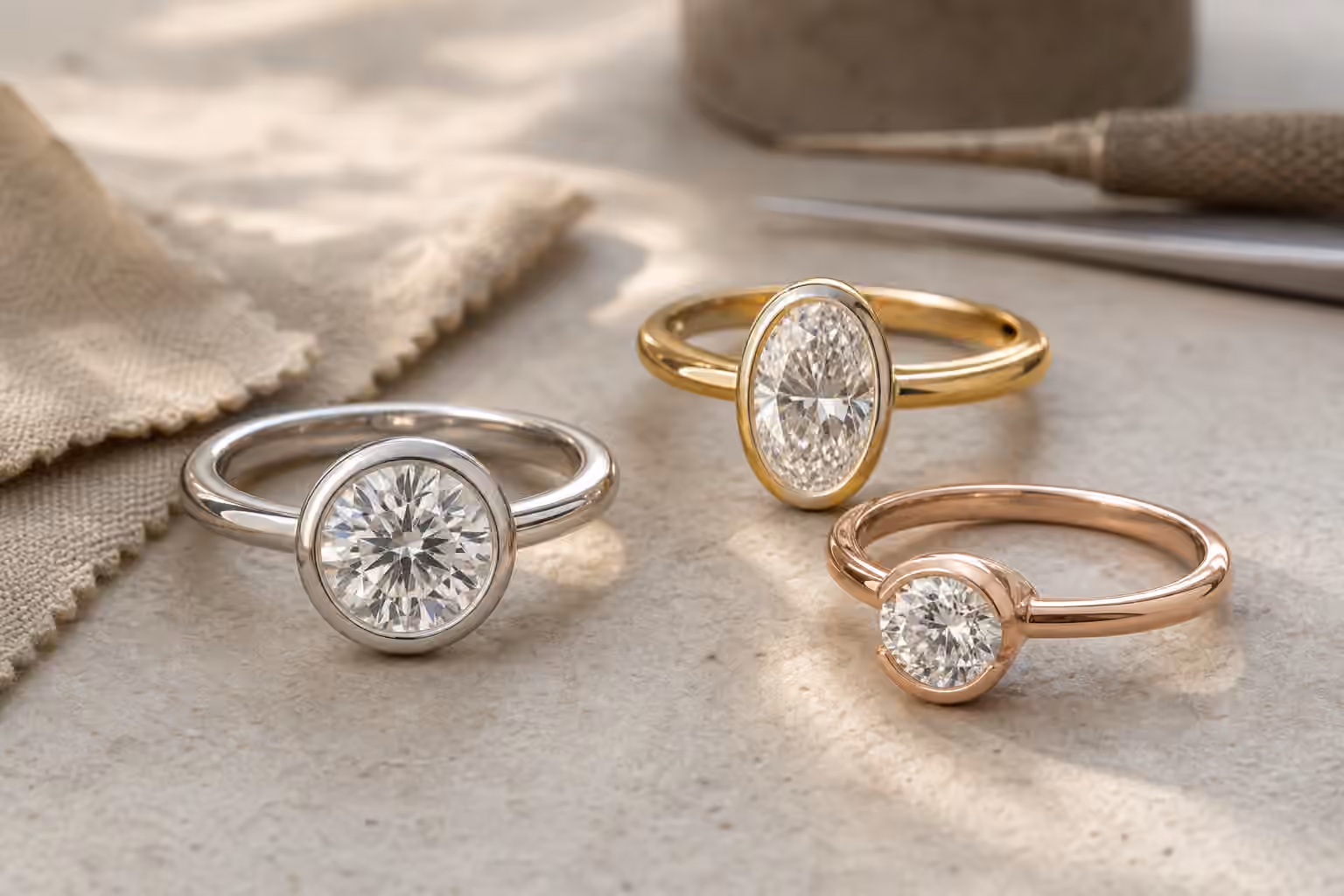 Bezel-set engagement rings in yellow, white, and rose metal on a jeweler's bench.