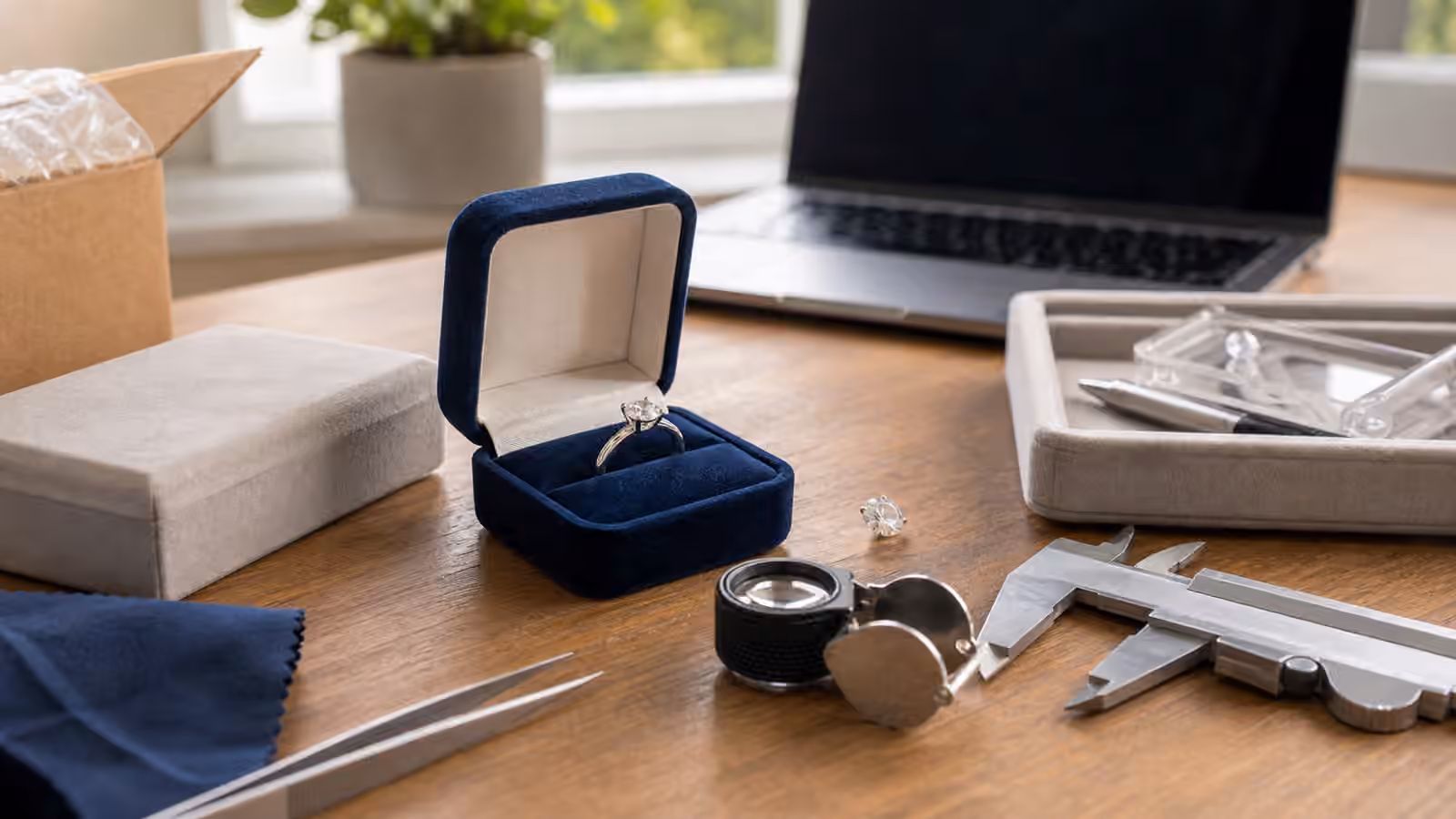 Engagement ring in an open box beside a laptop, loupe, calipers, and neutral shipping packaging.