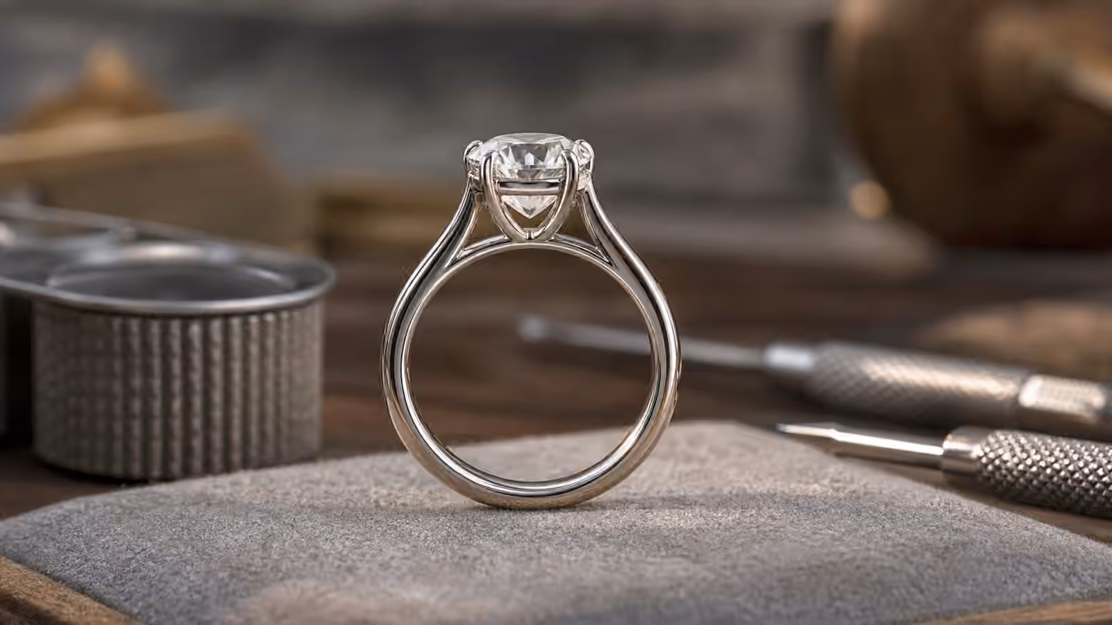 Cathedral engagement ring viewed from the side with raised shoulders supporting the center stone.
