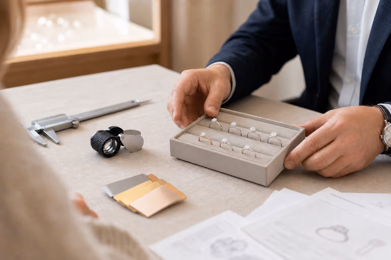 Jeweler presenting engagement ring samples beside tools and metal swatches.