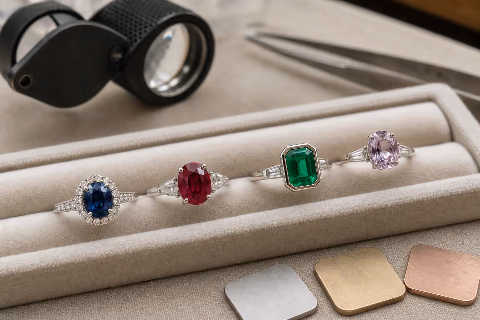Colored gemstone engagement rings with sapphire, ruby, emerald, and spinel on a jeweler's tray.