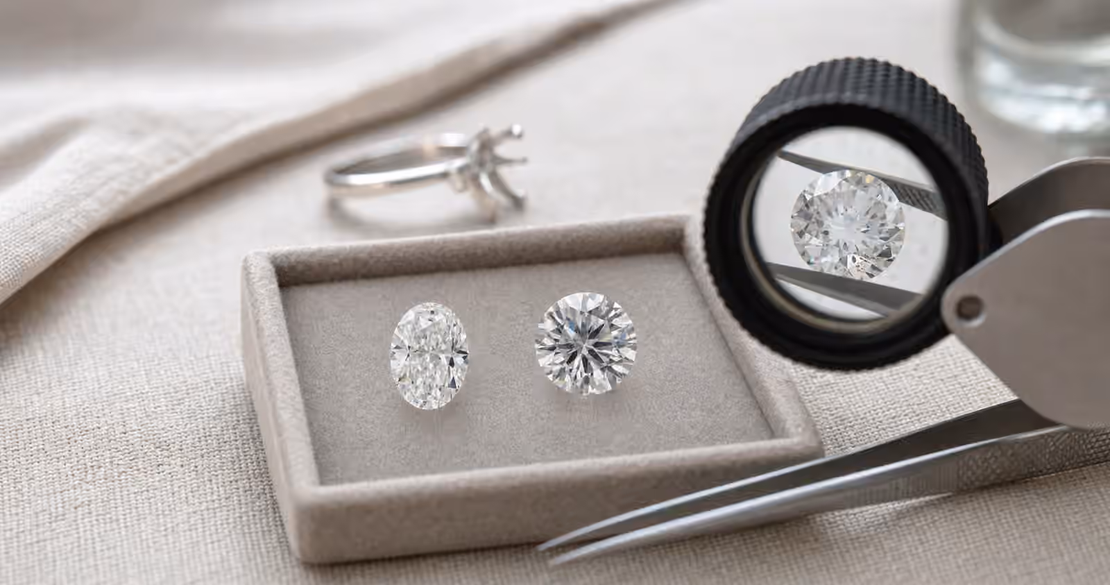 Loose diamonds compared beside a loupe and tweezers on a jeweler's tray.