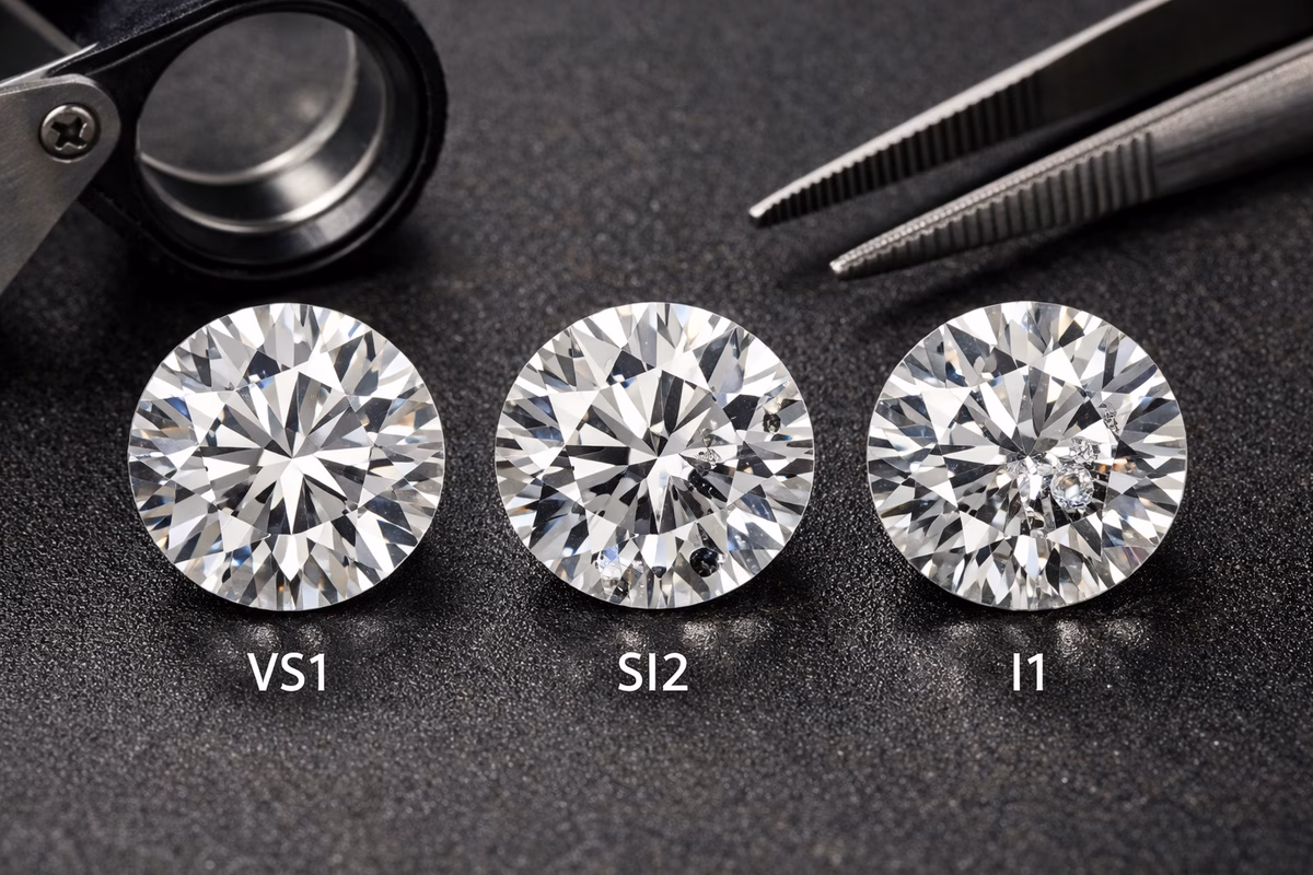 Diamond clarity comparison: three diamonds under magnification showing different clarity grades from VS1 (near flawless) to SI2 (visible inclusions) to I1 (obvious inclusions), loupe and tweezers visible, professional jewelry photography