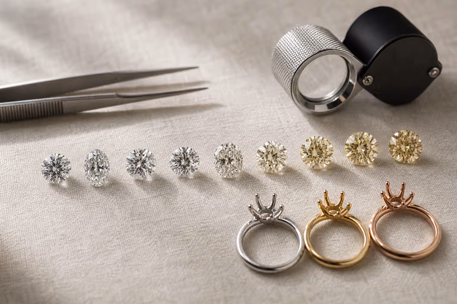 Loose diamonds arranged from icy white to warm champagne beside platinum, yellow gold, and rose gold settings.
