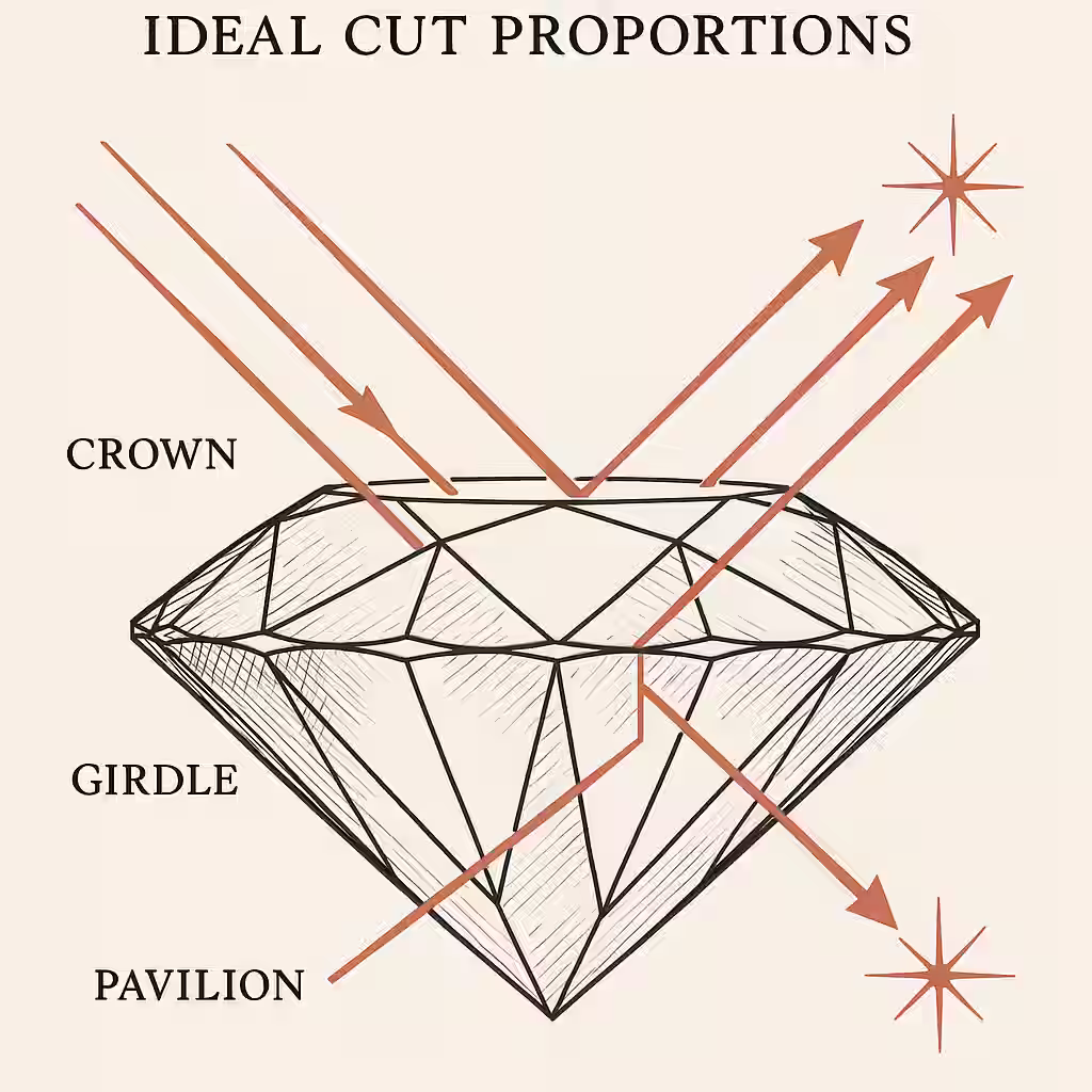 Cross-section diagram of a round brilliant diamond showing ideal cut proportions - light rays entering the crown, reflecting internally off pavilion facets, and returning through the table as brilliant fire and scintillation, technical yet elegant illustration