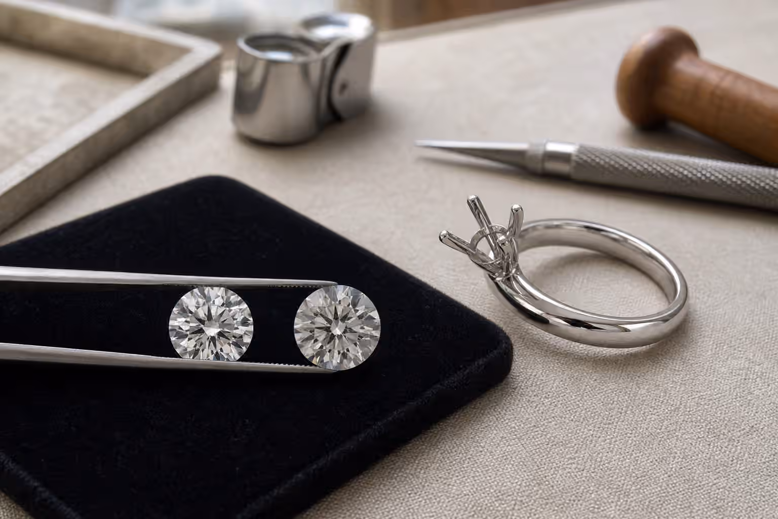 Two loose round diamonds compared beside an unset engagement ring mount.