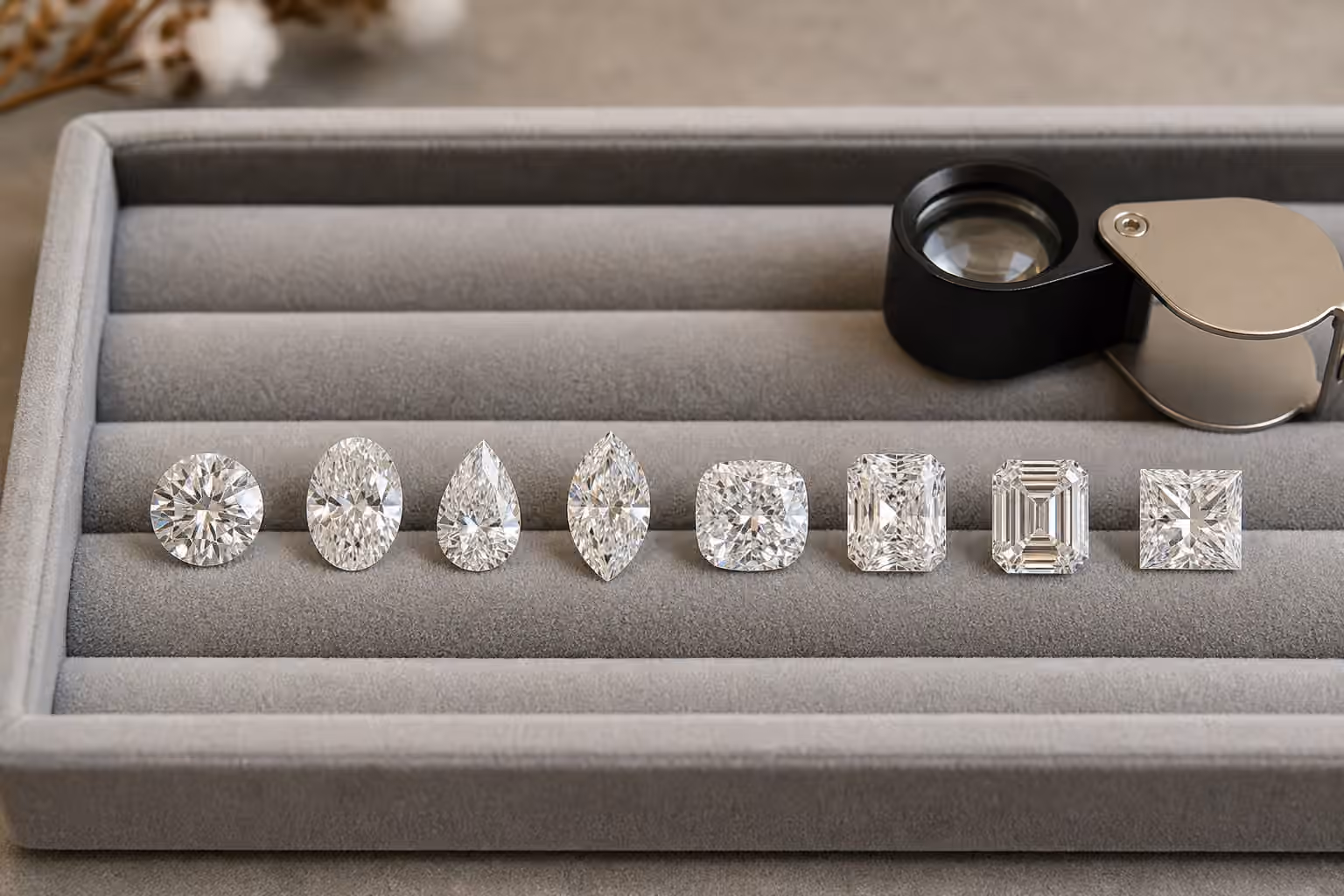 Fancy diamond shapes compared on a jeweler tray