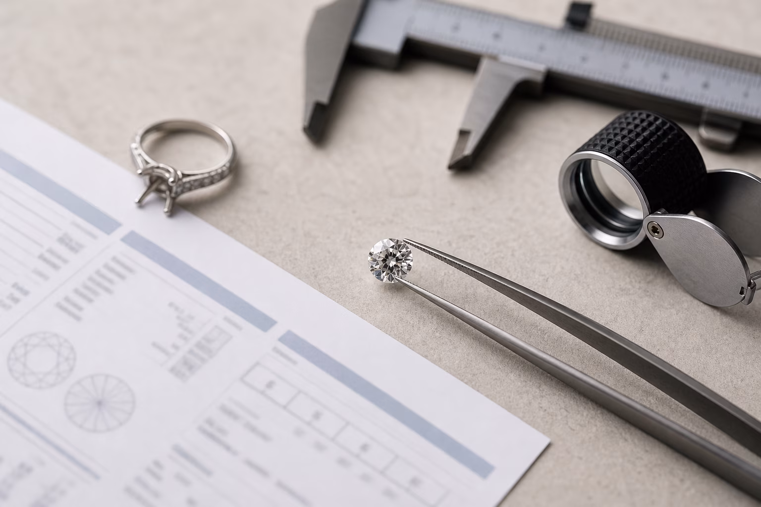 Diamond grading report with a loupe, calipers, and loose diamond.