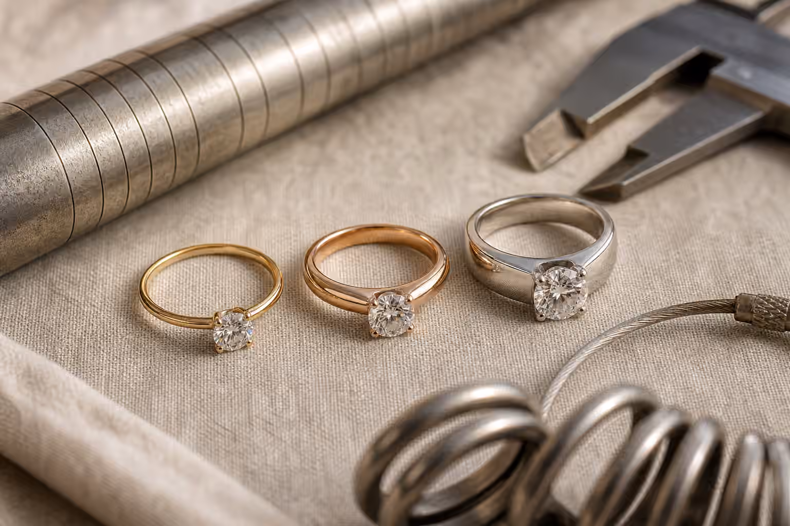 Engagement rings with slim, medium, and wide shanks beside sizing tools.