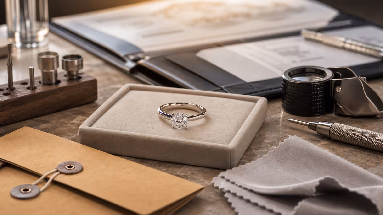 Engagement ring on a service tray beside a loupe, polishing cloth, tools, and blurred paperwork.