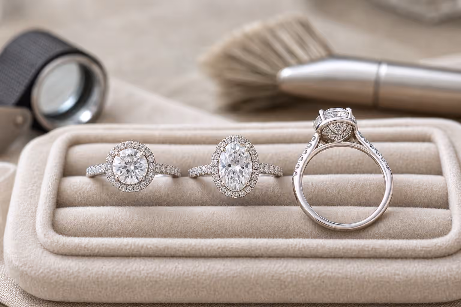 Halo engagement rings showing round, oval, and hidden halo details on a jeweler's tray.