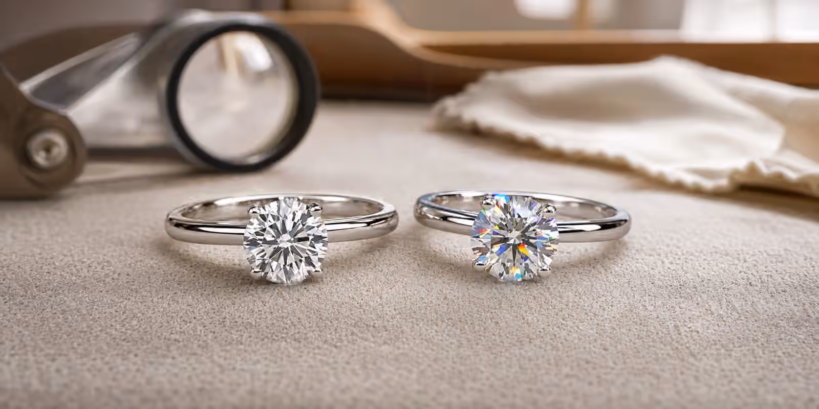 Diamond and moissanite engagement rings compared side by side on a jeweler's bench.