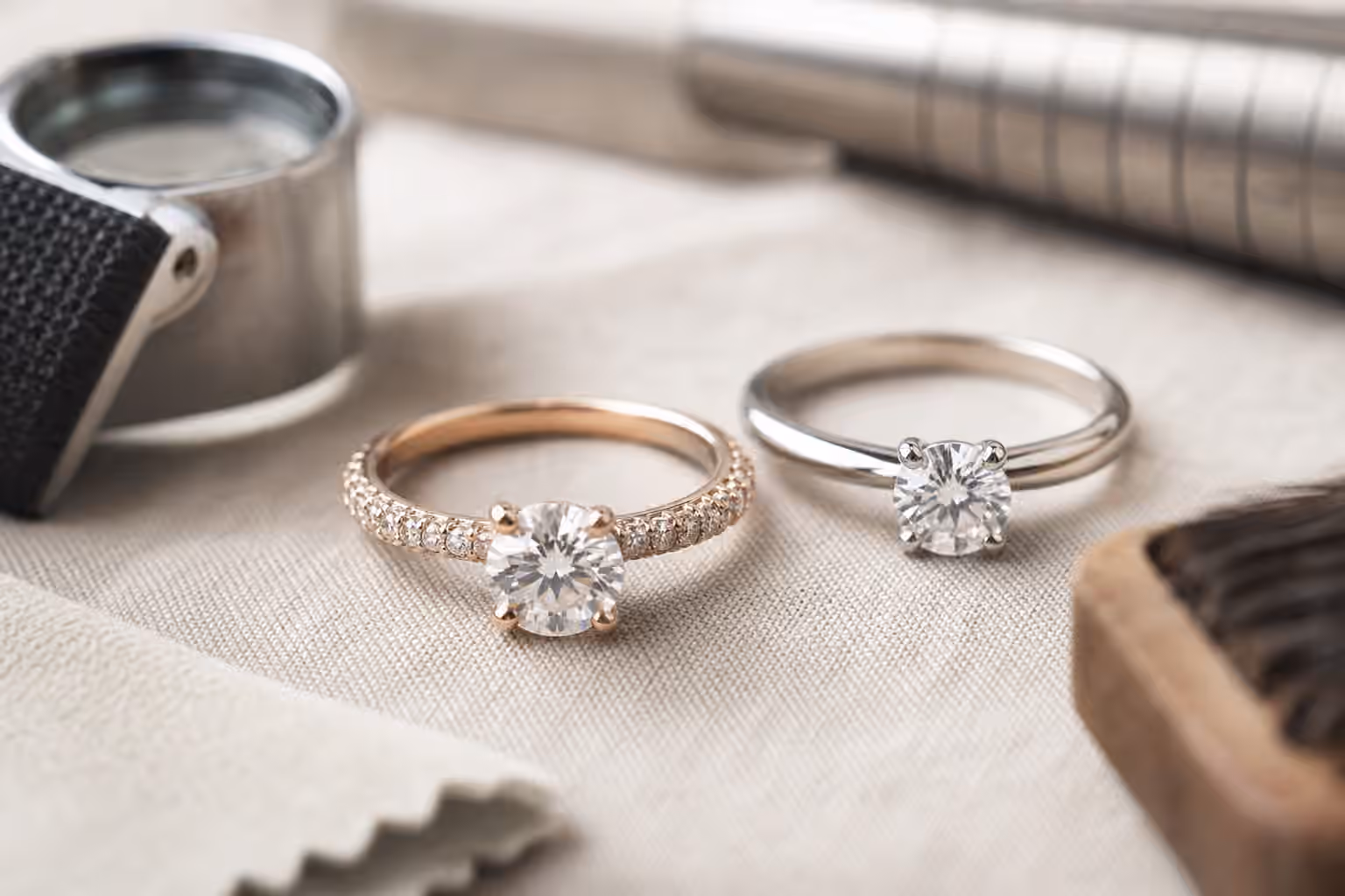 Pave engagement ring beside a plain solitaire and jeweler's tools.