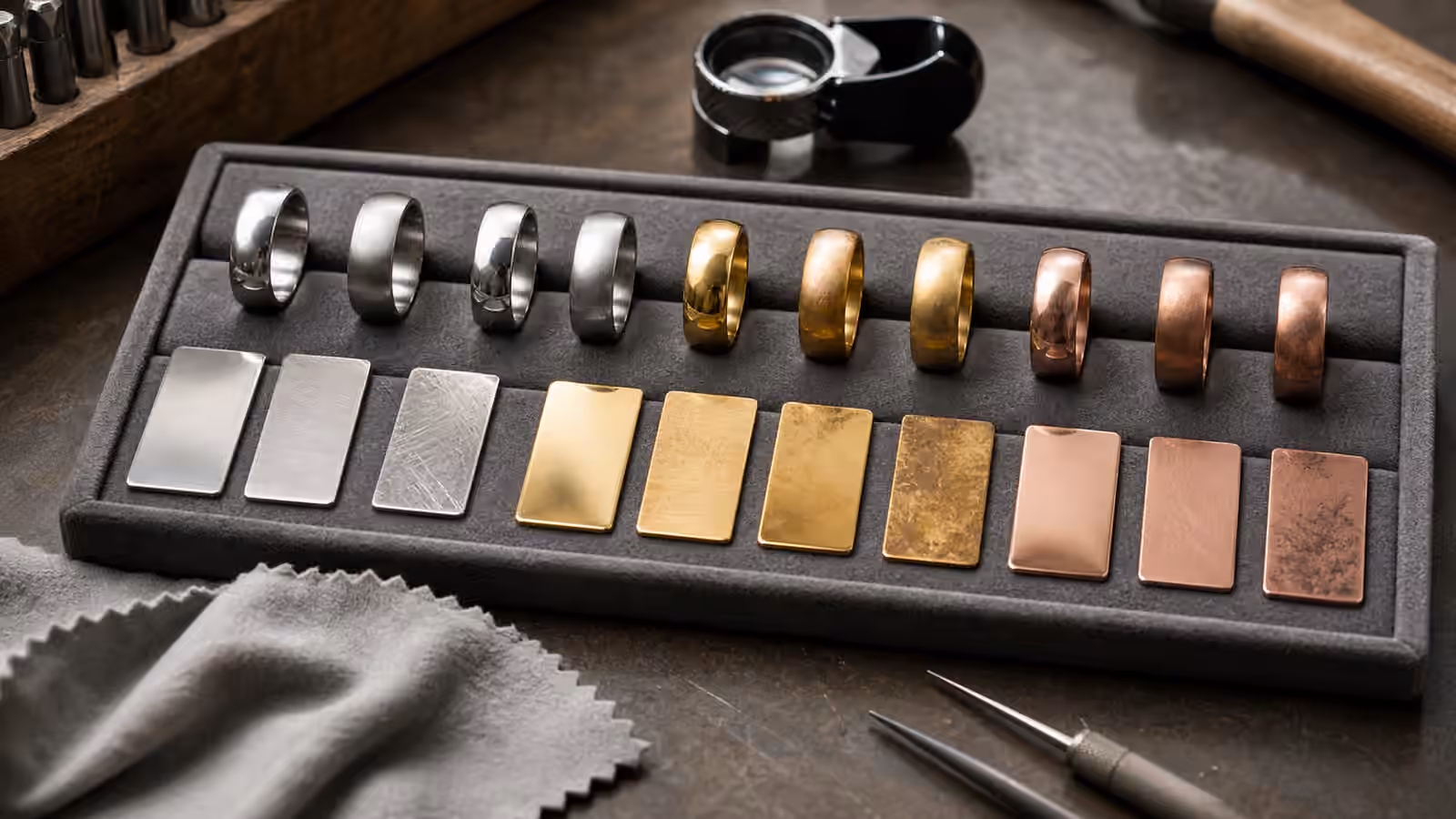 Jeweler tray comparing platinum, white gold, yellow gold, and rose gold metal samples