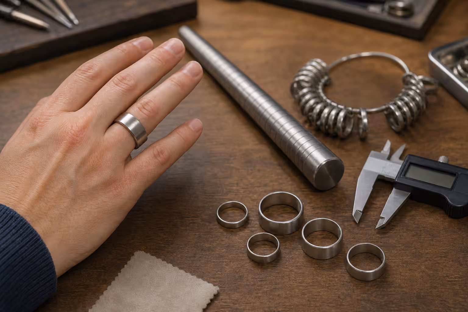 Ring sizing tools and sample bands on a jeweler bench