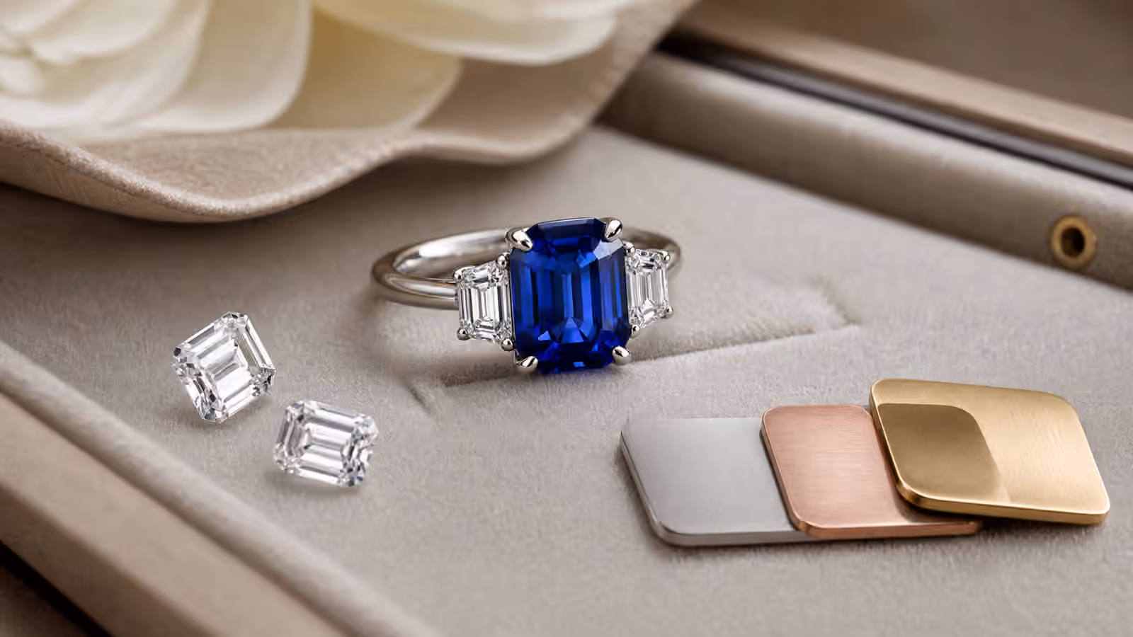 Blue sapphire engagement ring beside diamond accents and neutral metal swatches on velvet.