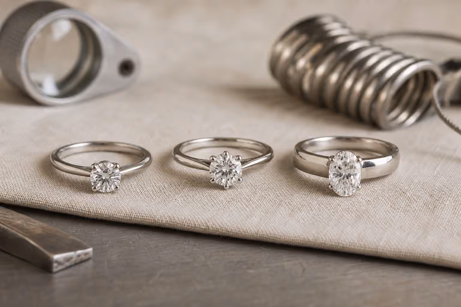 Solitaire engagement rings showing different baskets, prongs, and band widths.