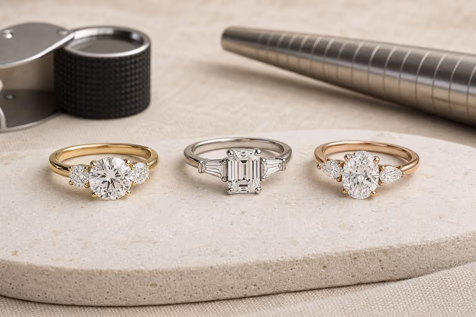 Three-stone engagement rings with round, emerald-cut, and oval center stones on a jeweler's bench.