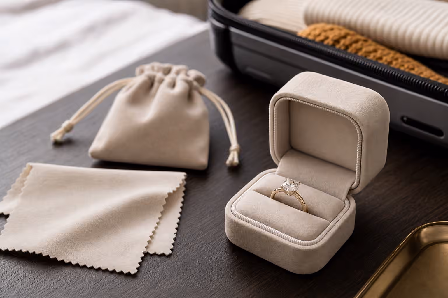 Engagement ring in a travel case beside a jewelry pouch and cleaning cloth.