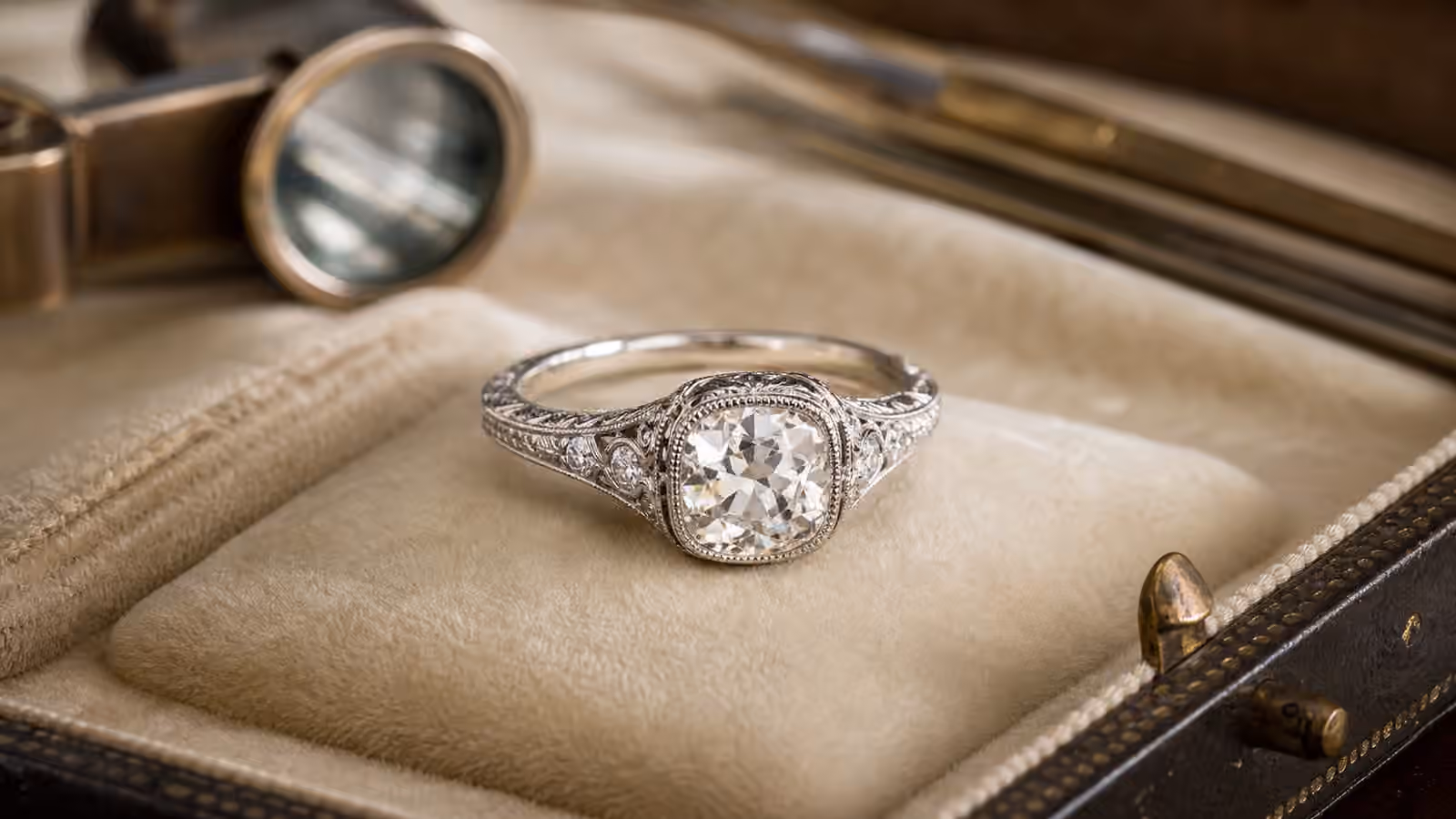 Vintage-inspired engagement ring with milgrain and filigree details on a cream velvet tray.