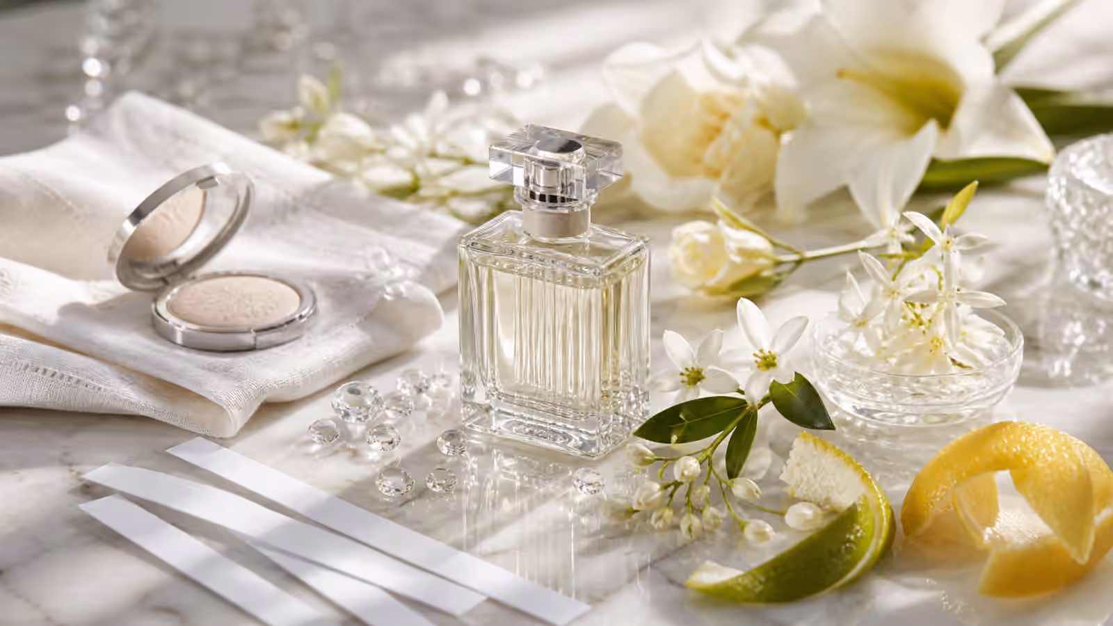 An unbranded clear perfume bottle with white flowers, folded linen, blank blotters, citrus peel, powder, and crystal-like highlights for aldehydic scents.