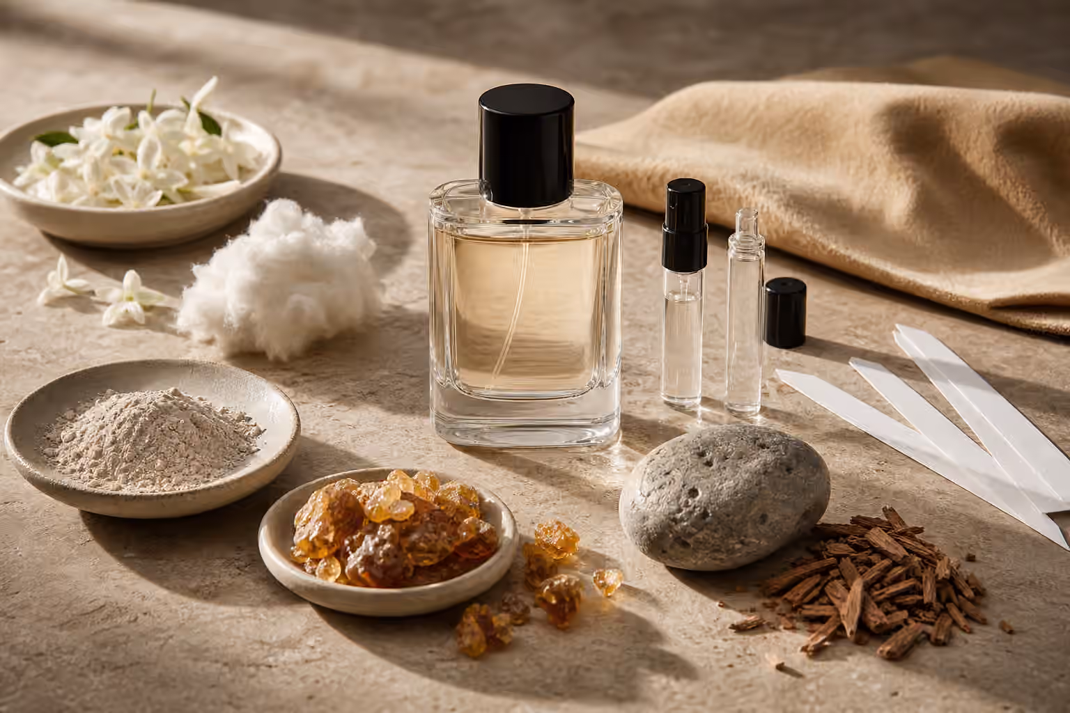 An unbranded perfume bottle with blotters, clean cotton, suede, amber resin, jasmine petals, iris powder, cedar chips, and a smooth gray stone for animalic fragrance notes.