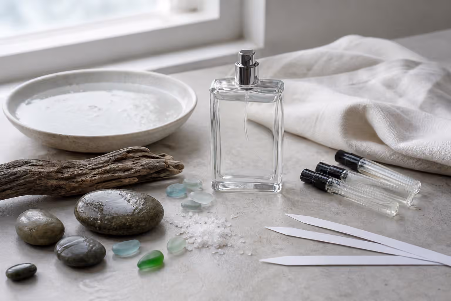 An unbranded clear perfume bottle with blank sample vials, blotters, sea salt, wet stones, sea glass, driftwood, linen, and a shallow dish of water.