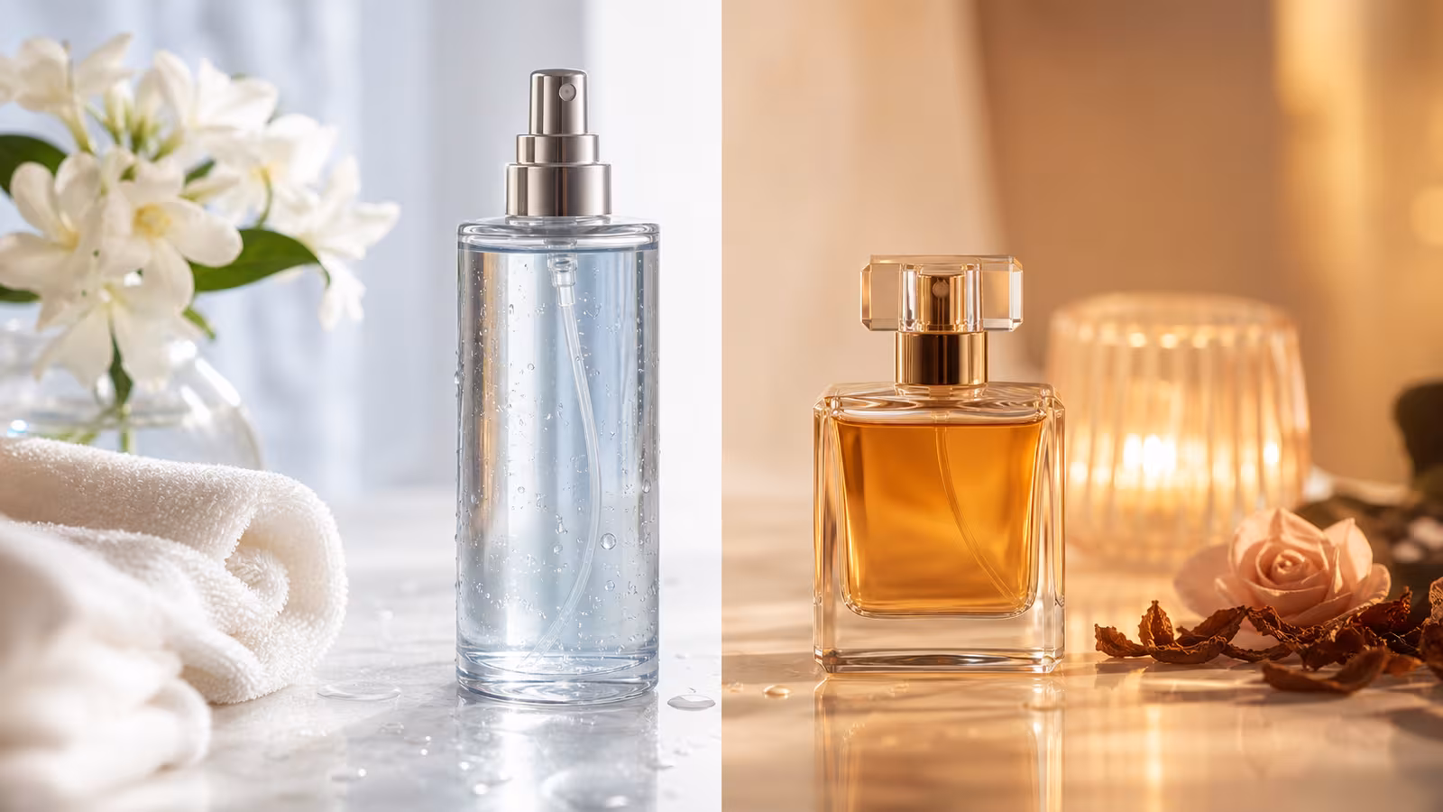 A tall body mist bottle beside a smaller perfume bottle with water droplets, a towel, soft amber glow, and fresh bathroom styling.