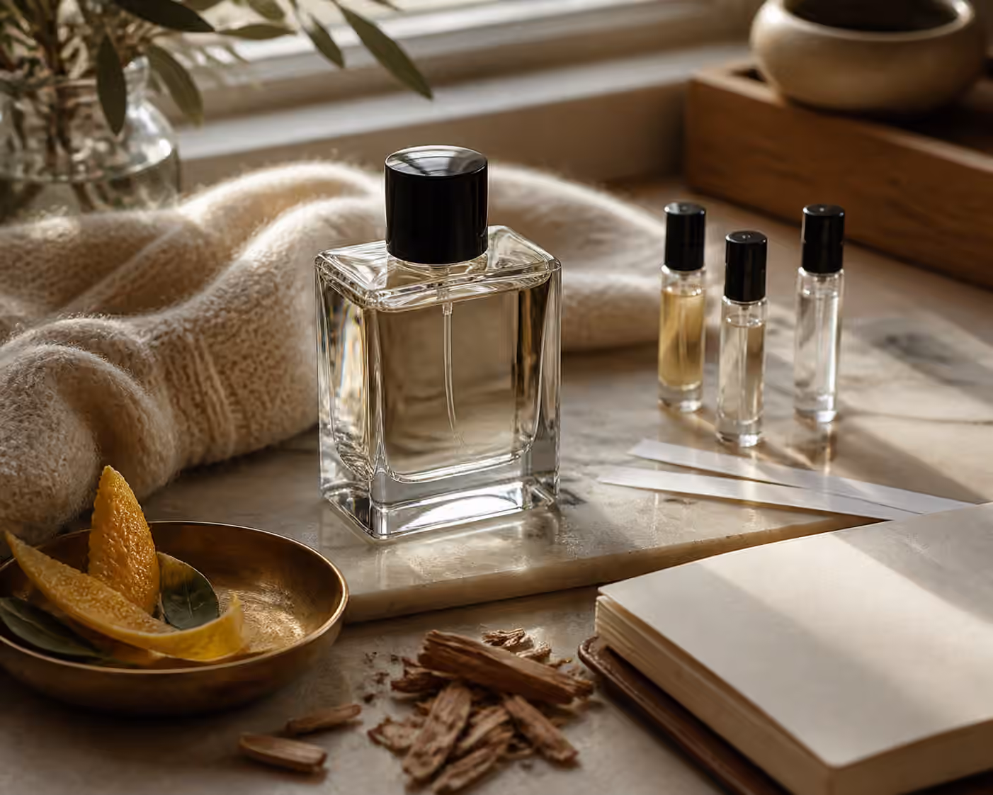 A single unbranded perfume bottle beside sample vials, a wool sweater, citrus peel, cedar chips, and a blank notebook.