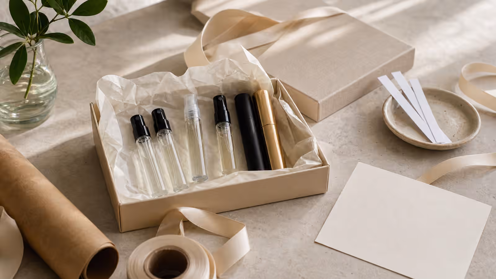 An open gift box with unbranded sample vials, travel spray atomizers, blotter strips, ribbon, plain tissue, and a blank card.