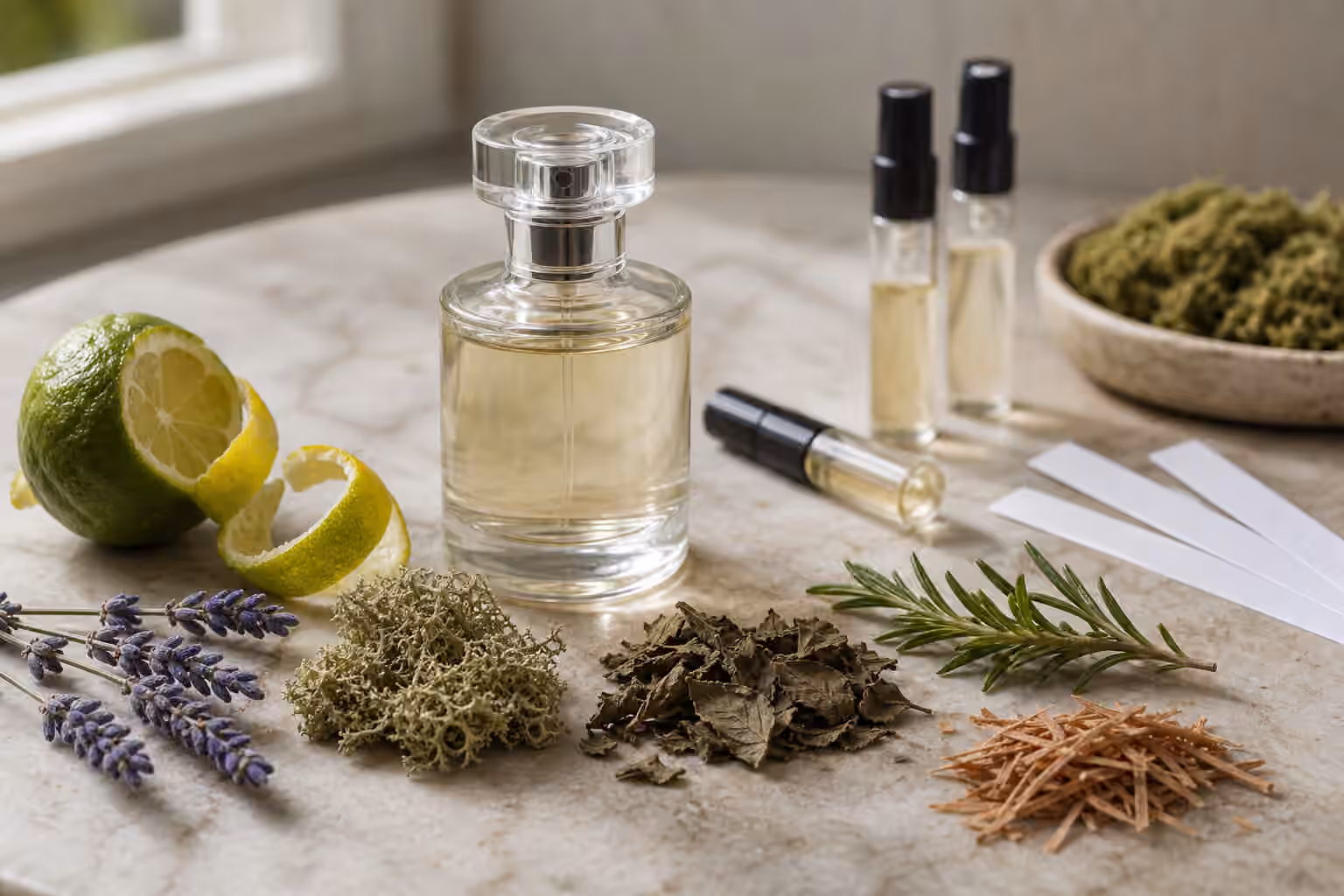An unbranded perfume bottle with bergamot peel, lavender, moss, patchouli leaves, rosemary, cedar, sample vials, and blotter strips.