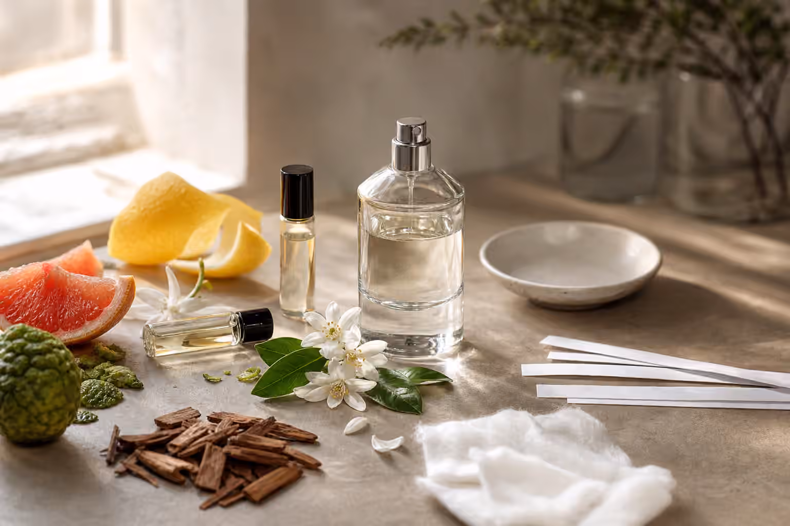 A fragrance workbench with an unbranded perfume bottle, citrus peel, white blossoms, blotters, cedar chips, and folded cotton.