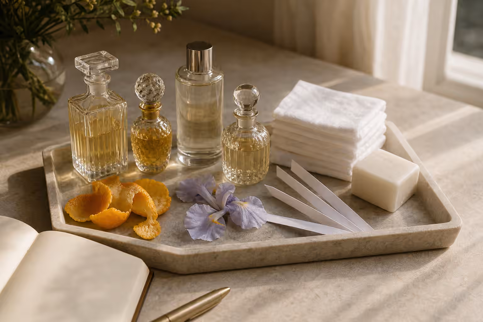 A quiet fragrance tray with unbranded bottles, folded white cotton, soap, citrus peel, iris petals, and blotter strips.