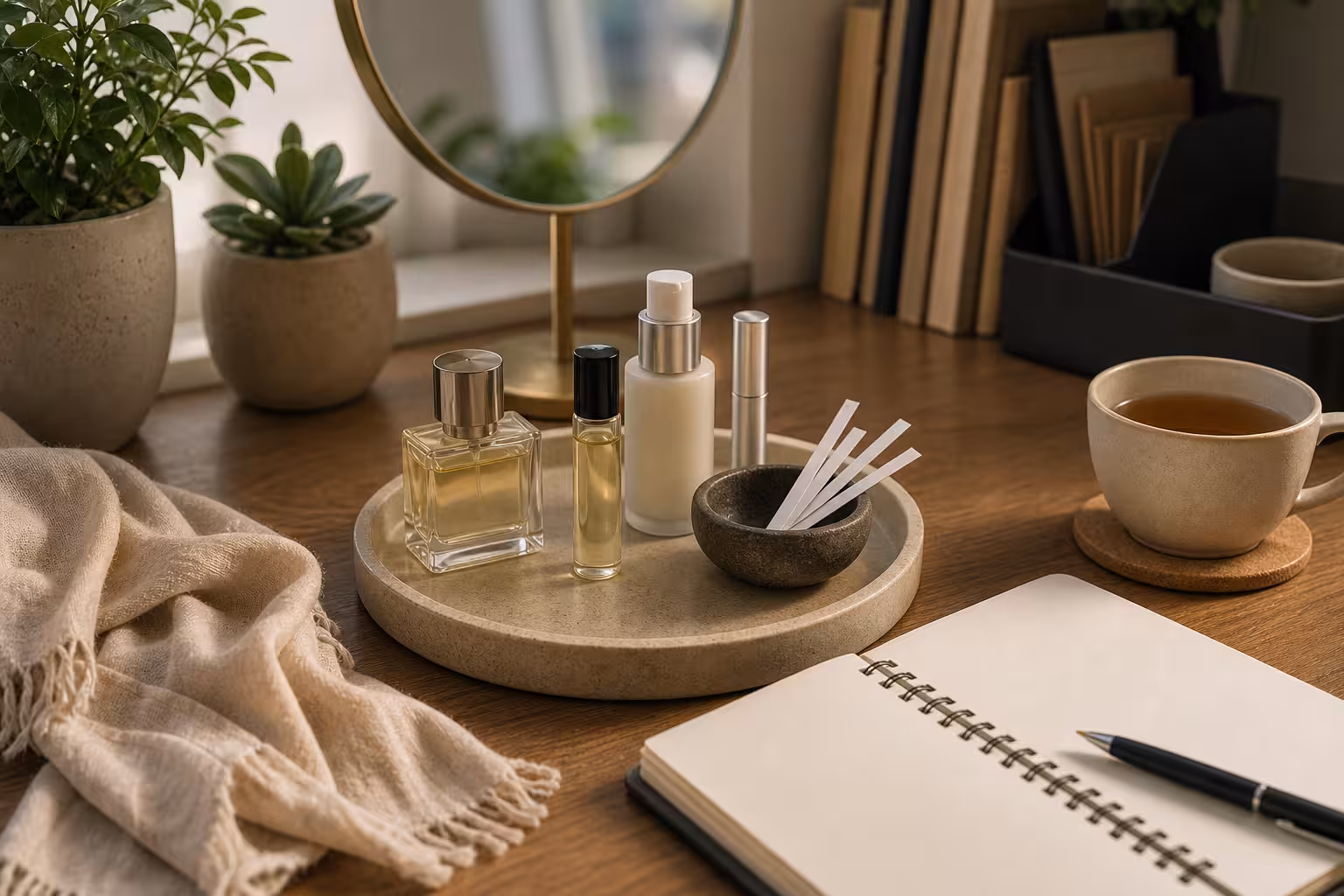 A low-projection fragrance tray with unbranded perfume, rollerball oil, unscented lotion, blotter strips, scarf, blank notebook, and tea.