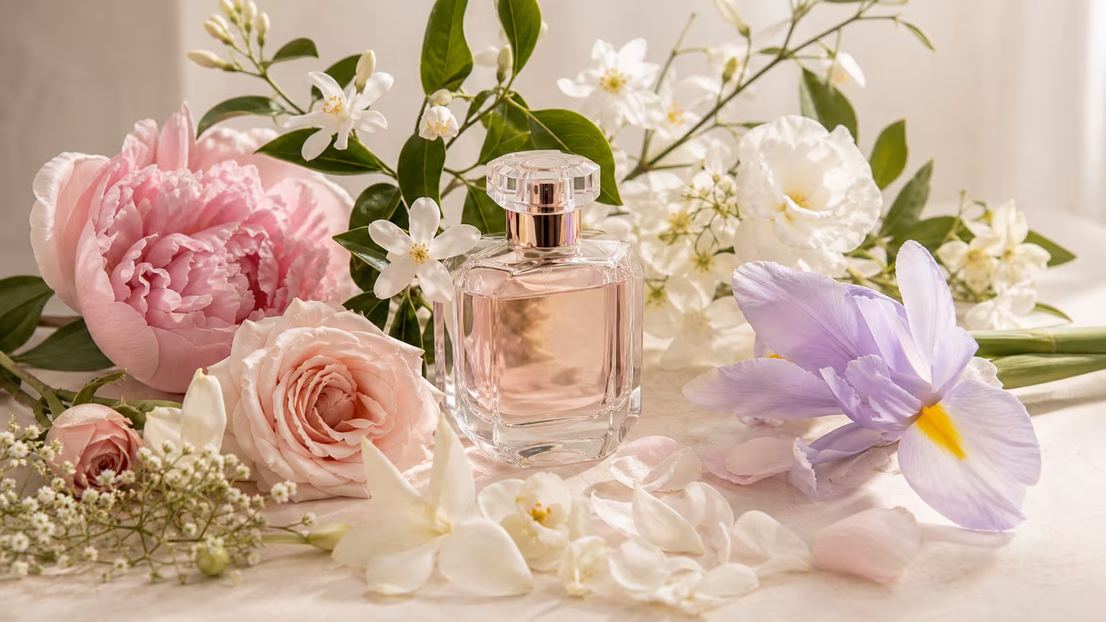 A perfume bottle surrounded by rose, jasmine, orange blossom, iris-like petals, peony, and green stems for floral fragrance notes.