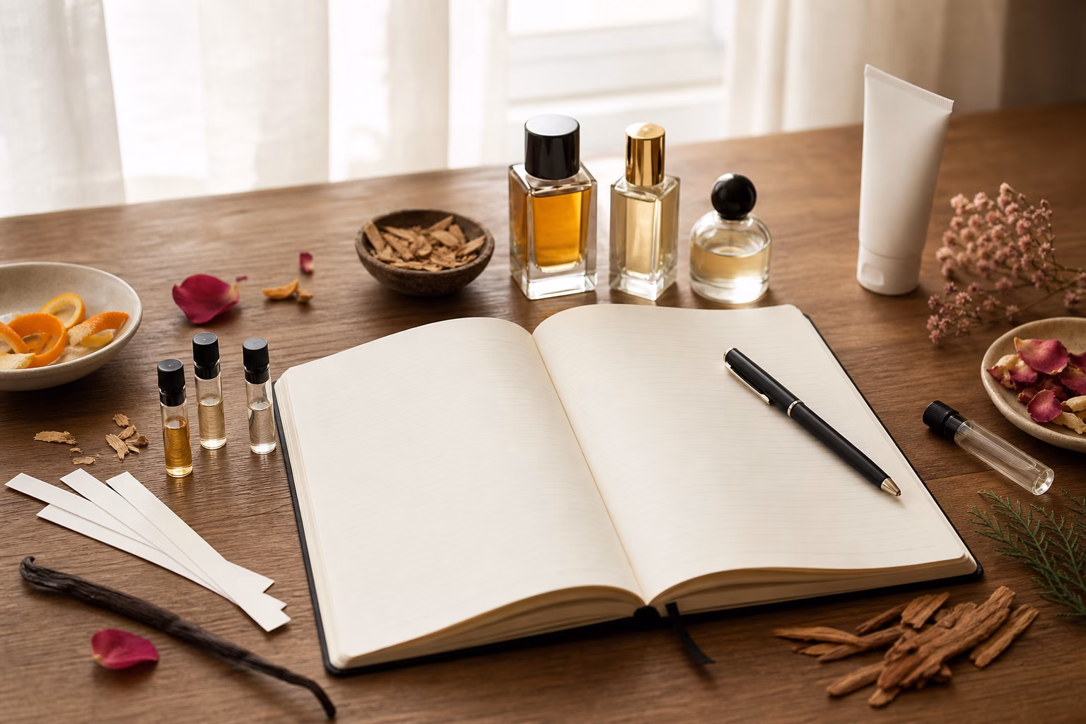 An open blank fragrance journal with unbranded perfume bottles, sample vials, blotter strips, citrus peel, rose petals, cedar chips, and vanilla bean on a wooden desk.