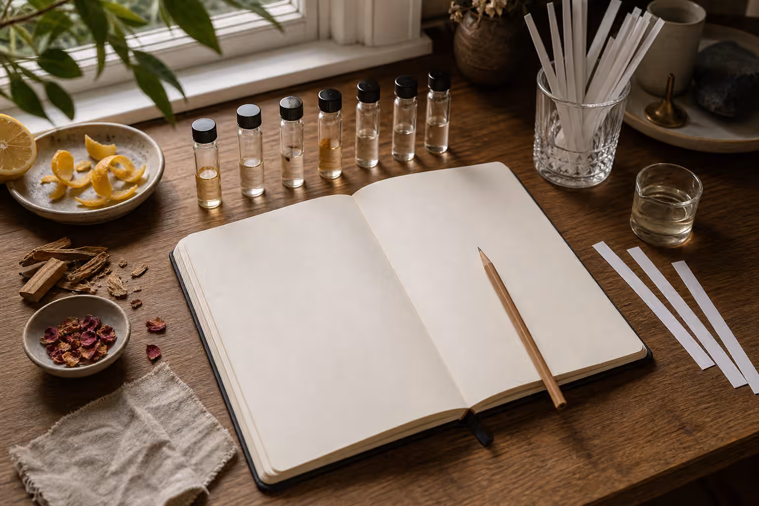 Blank fragrance journal with sample vials and blotters