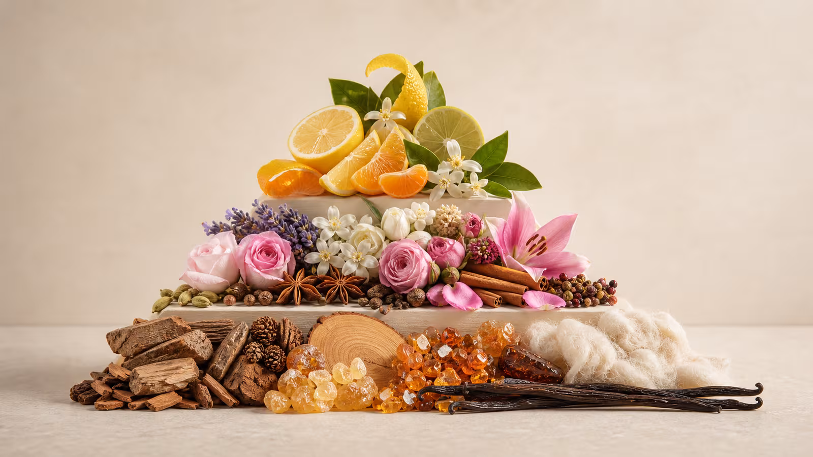 A three-tier fragrance note pyramid with citrus and green leaves at the top, flowers and spices in the middle, and woods, amber, musk, and vanilla at the base.