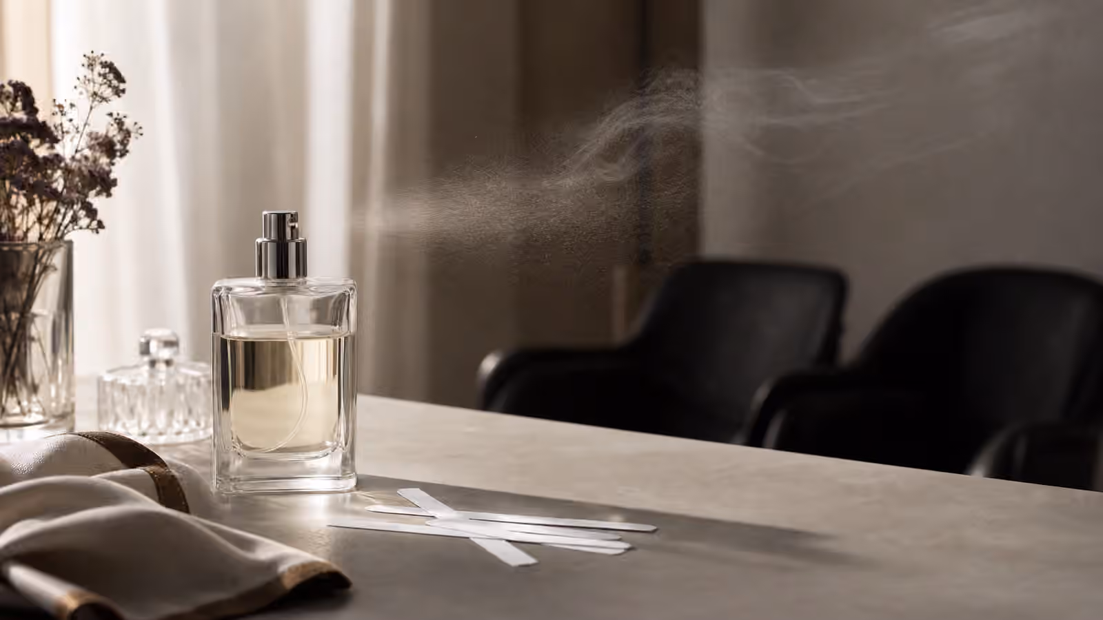 An unbranded perfume bottle on a studio table with blotters, a scarf, soft mist, and blurred chairs showing scent distance.