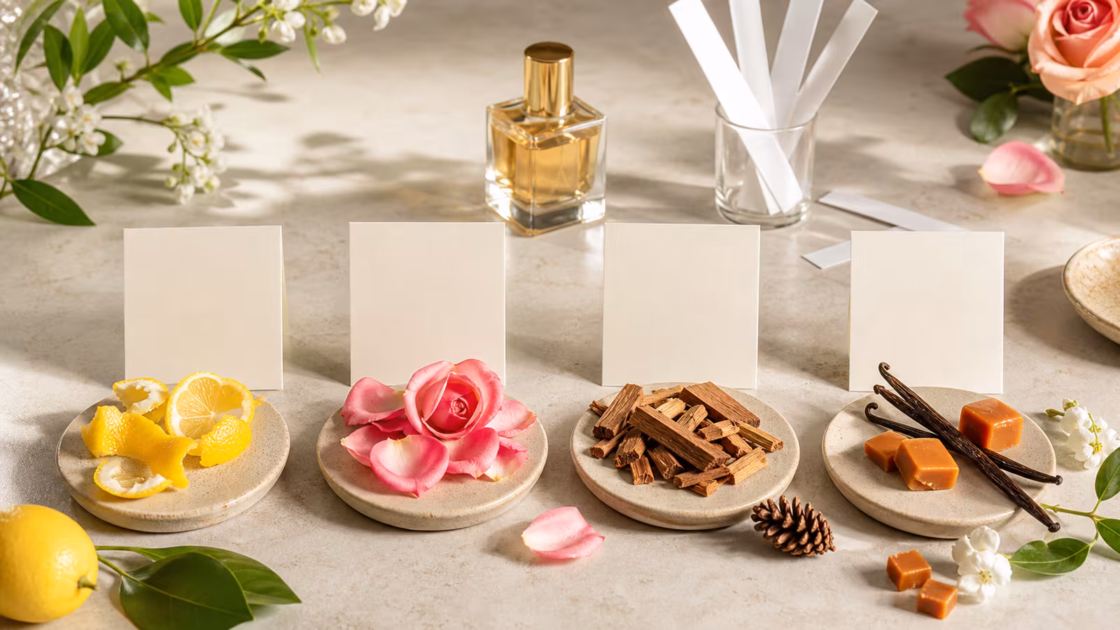 Four quiz-style scent family cards with citrus, rose, cedar, and vanilla-caramel visual choices for fragrance practice