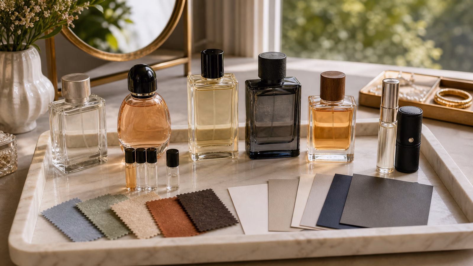 A beginner fragrance wardrobe tray with unbranded bottles, travel spray, sample vials, fabric swatches, and occasion cards