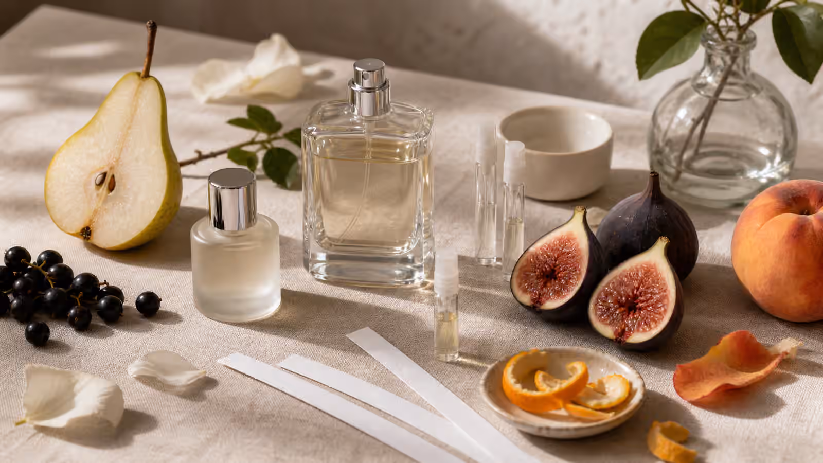 Unbranded perfume bottles, sample vials, blotters, pear, fig, peach, blackcurrants, citrus peel, and white petals arranged on a linen fragrance table.